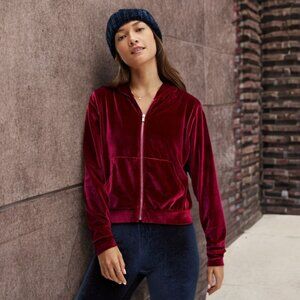 Fabletics Donna Velour Full Zip Hoodie Kangaroo Pockets Jacket Cherry Burst
